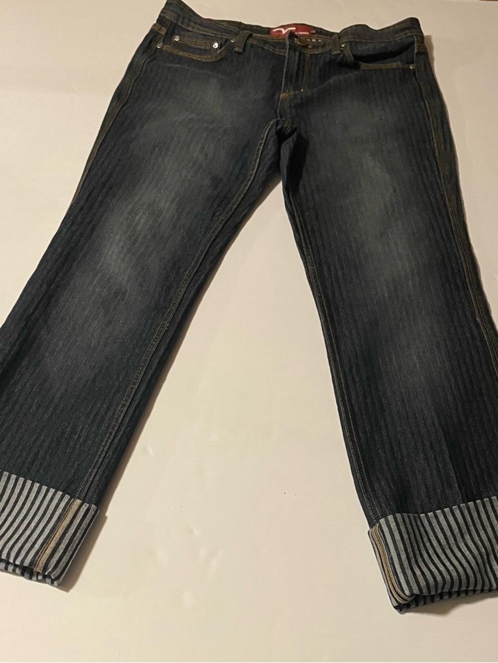 Wide-Leg Dark Indigo Jeans with Cuffed Striped Hem